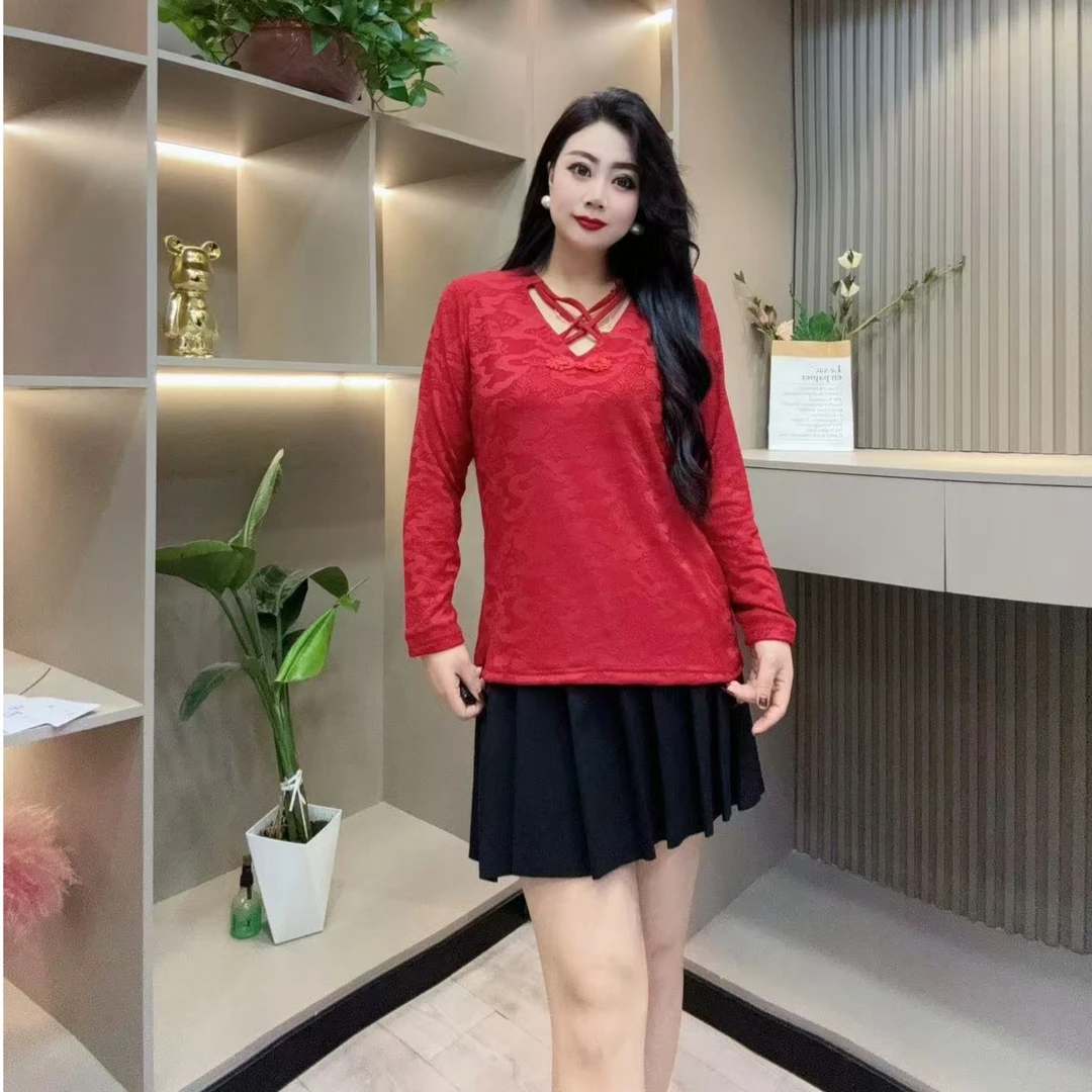 洋气小衫-双 9098时尚交叉领绳设计国风印花盘扣胖MM大码女装新款