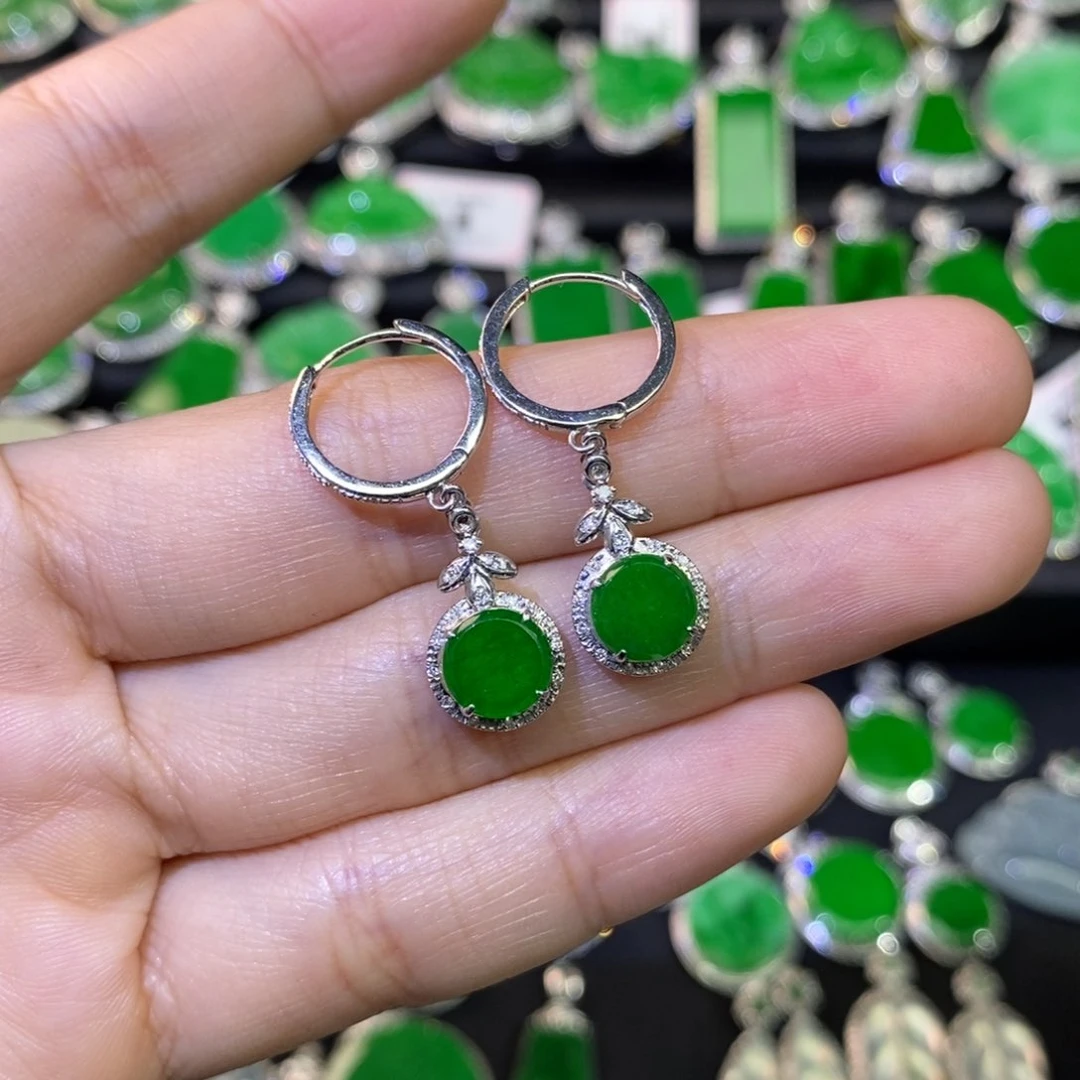 翡翠耳饰18K金镶嵌圆牌耳坠