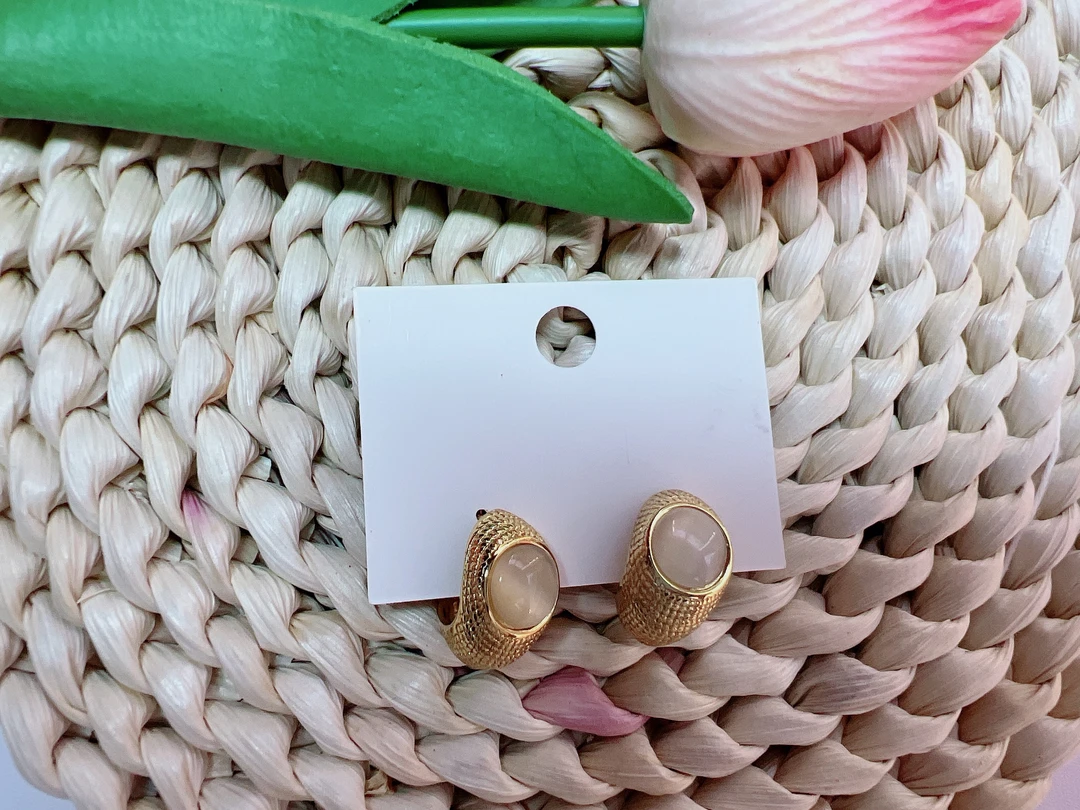 不锈钢玻璃耳饰 复古纹理猫眼石耳环轻奢小众设计感耳饰