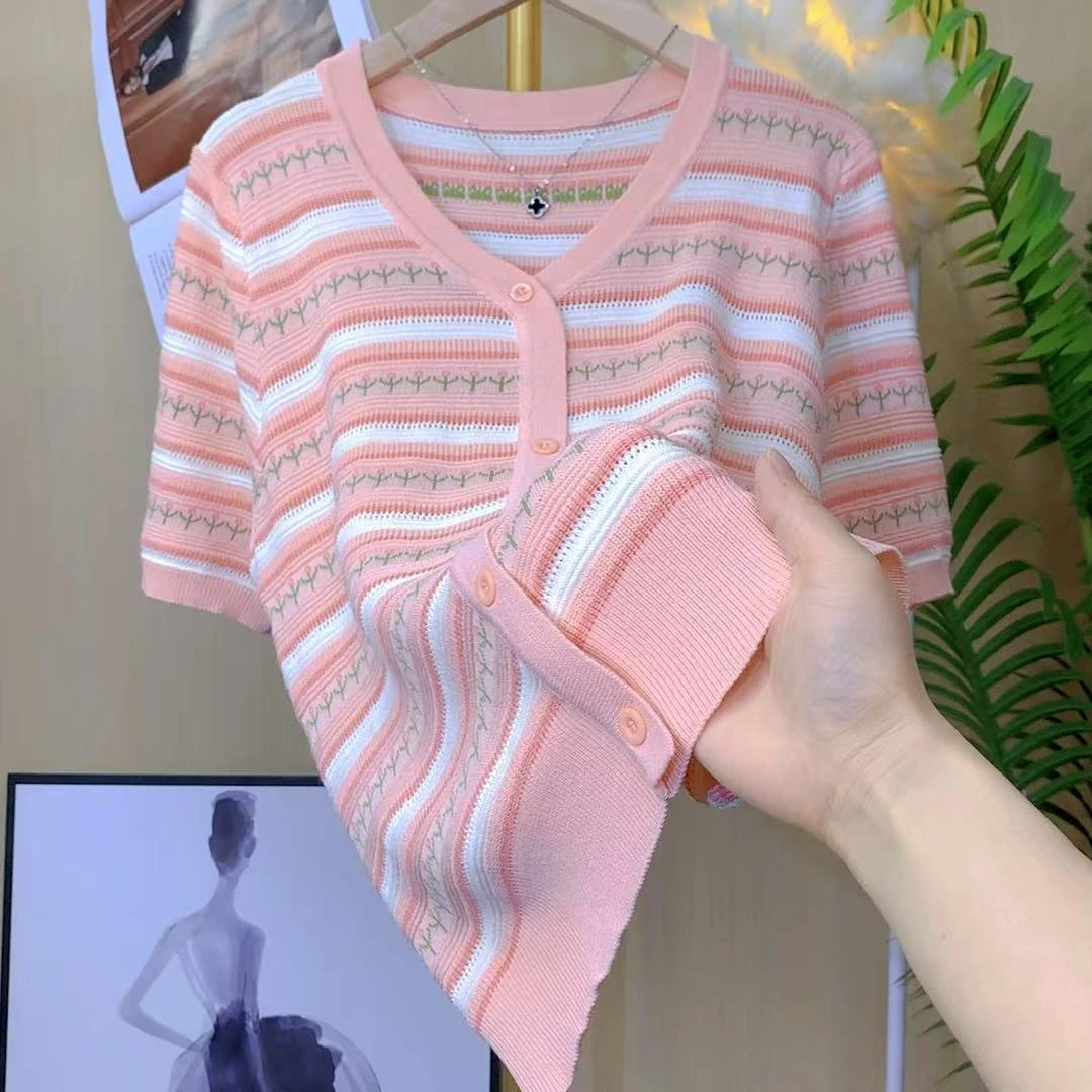 80-160斤粉色V领2025夏季新款短袖t恤衫女时髦百搭显瘦洋气上衣