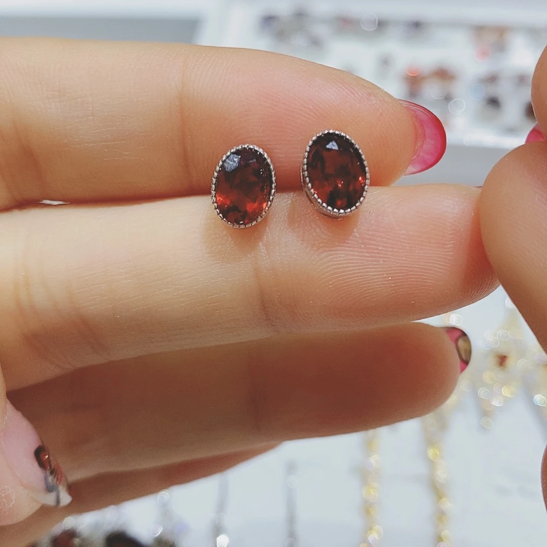 石榴石耳饰银S925镶嵌没****风
