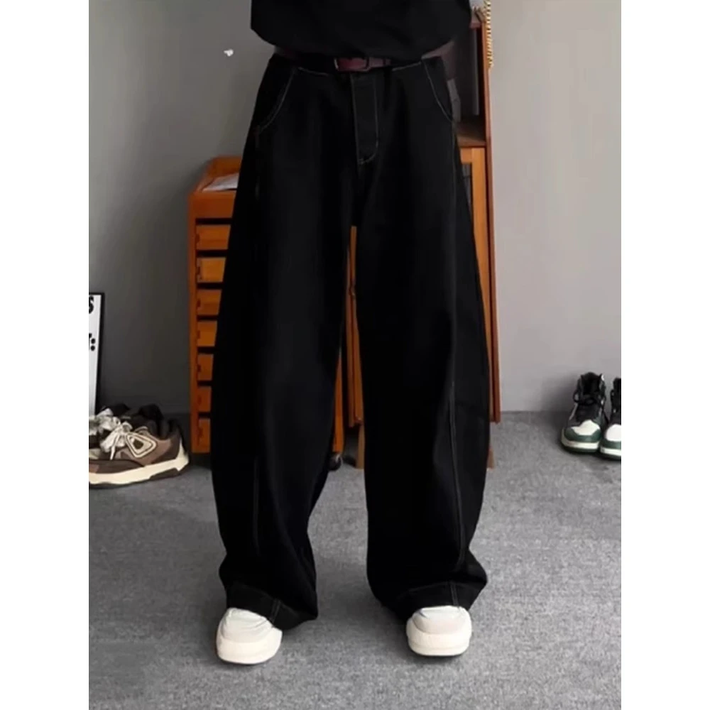 丹宁水洗做旧弯刀牛仔裤男美式高街vibe潮牌痞帅宽松直筒阔腿裤子