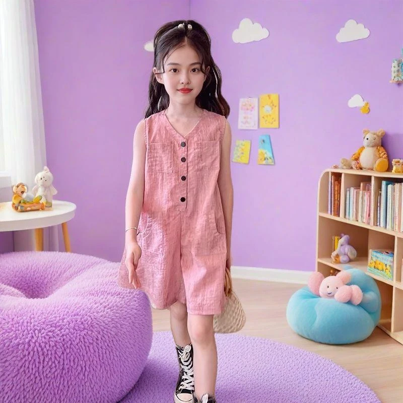 女童连体裤2025新款夏季轻薄中大童家居无袖连体套装儿童宽松裤子