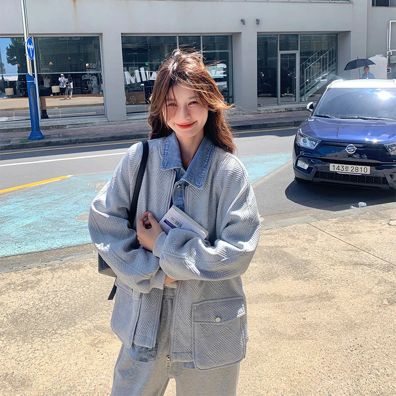 假两件牛仔拼接外套女2025春秋港风复古chic宽松休闲减龄夹克上衣