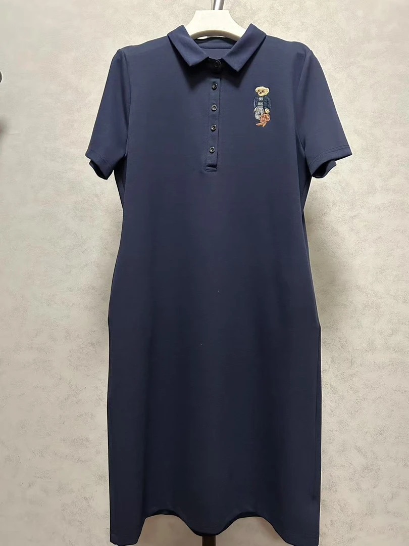 夏季新款舒适透气珠地棉小熊刺绣polo连衣裙