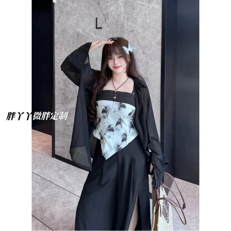【胖丫丫】早秋新中式大码复古水墨印花吊带+防晒外衫两件套