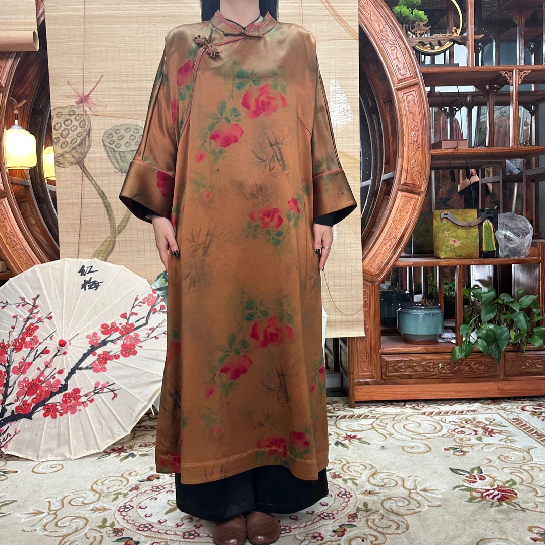 60姆米重缎富贵牡丹100桑蚕丝香云纱全开襟袍子中国风