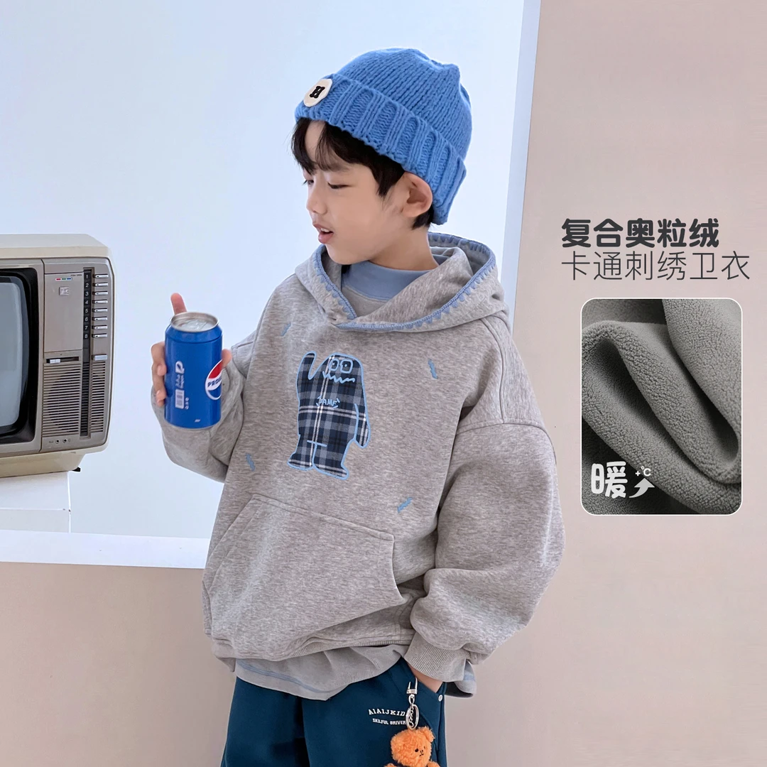 男童连帽卫衣儿童加绒外套冬季加厚中大童童装宽松卡通5107727O7