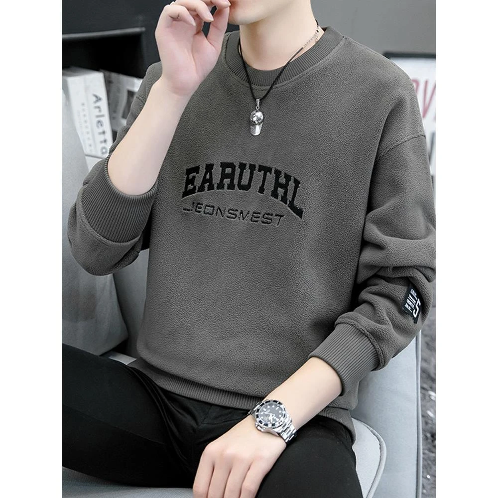 双面奥粒绒卫衣男t秋冬加绒加厚重磅长袖T恤打底衫一体绒保暖上衣