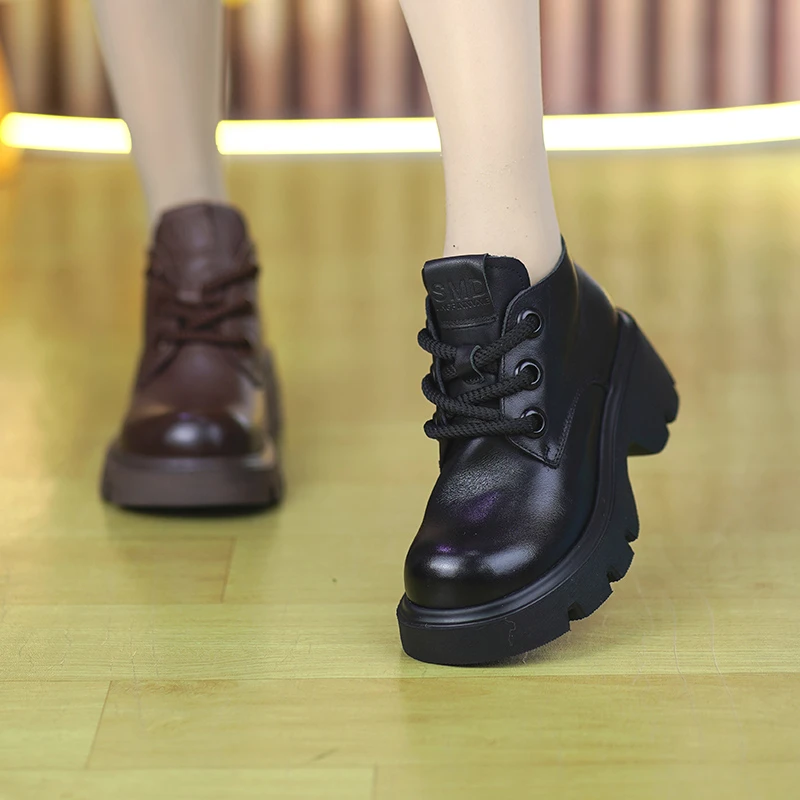 春季新款真皮高帮单鞋女头层牛皮厚底英伦风粗跟马丁靴ZM24X900DL
