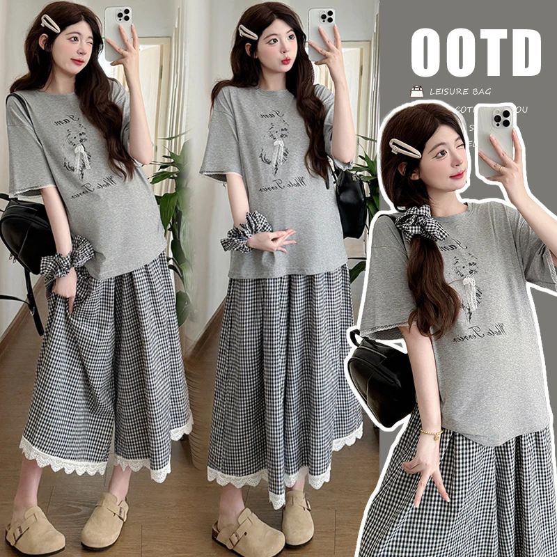 孕妇装夏季新款小狗蕾丝T恤＋格子裤蕾丝花边拼接猪鼻扣调节