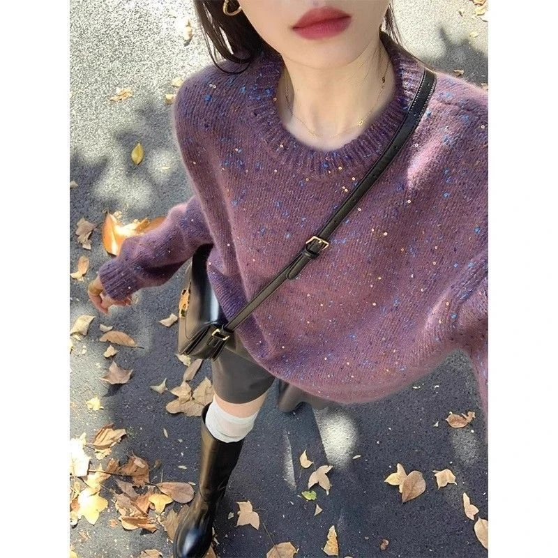 JB02604温柔风软糯紫色亮片毛衣女秋冬奶fufu慵懒打底针织衫上衣