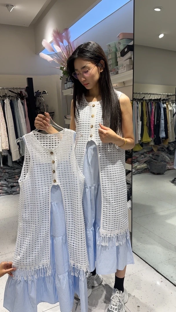 女童海边度假连衣裙套装夏季2025新款大童女孩背心吊带裙33096