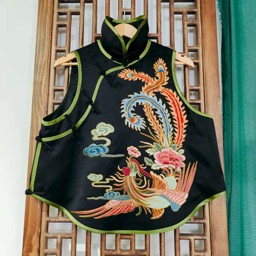 双凤（LS629-13）凤徕兮私人定制黑色光板底彩凤刺绣花盆领盘扣马甲
