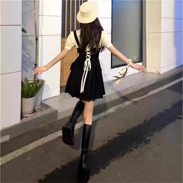 夏季小个子设计感小众收腰连衣裙2024新款套装百褶裙绑带黑色裙子