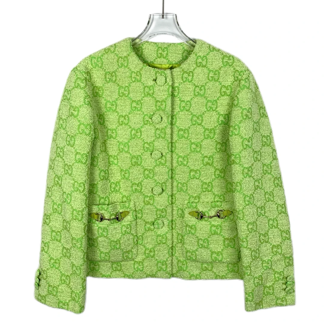 99新 GUCCI/古驰 CW0164 24款柠檬绿满印单排扣棉质外套 36码