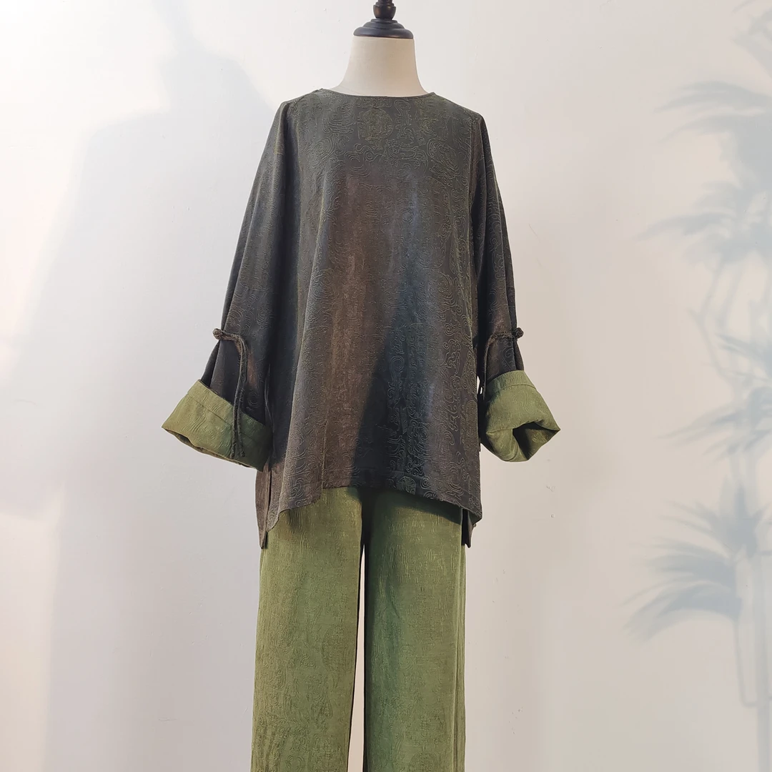 100柞蚕丝重缎提花香云纱时尚宽松盘扣新中式双面穿上衣