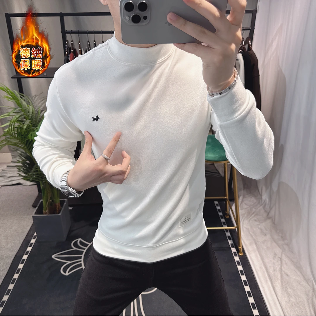 欧洲站男士时尚个性长袖打底衫潮流百搭刺绣欧货双面德绒高领上衣