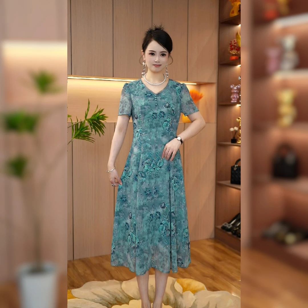 2025夏季新款连衣裙中长裙印花显瘦宽松长裙短袖款洋气时尚{N