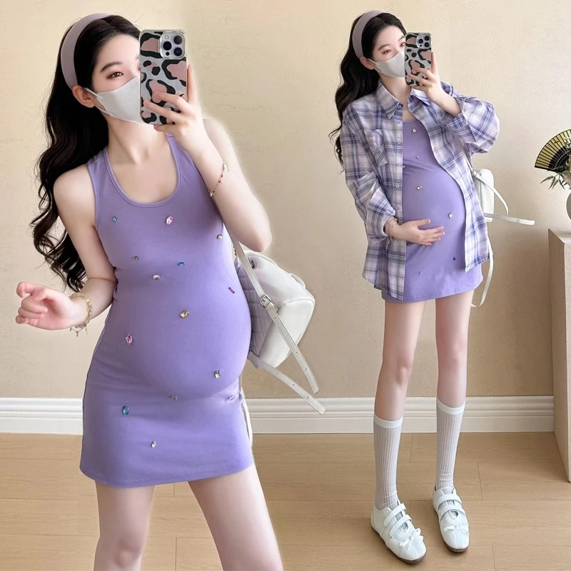 孕妇吊带连衣裙夏季孕期法式格子防晒衬衫小个子背心短裙两件套装