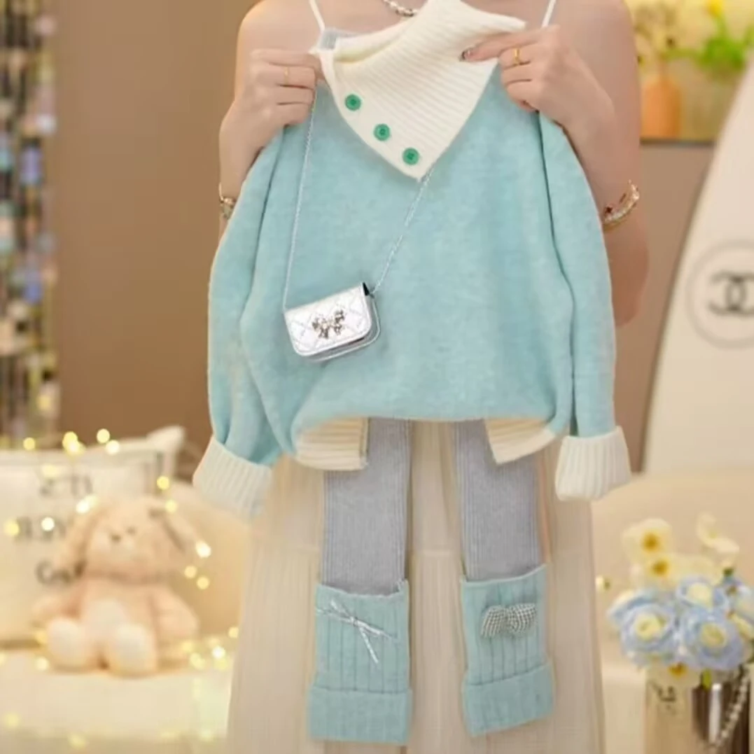 女童秋季针织衫套装儿童韩版甜美套装女孩毛衣打底裤两件套蝴蝶结