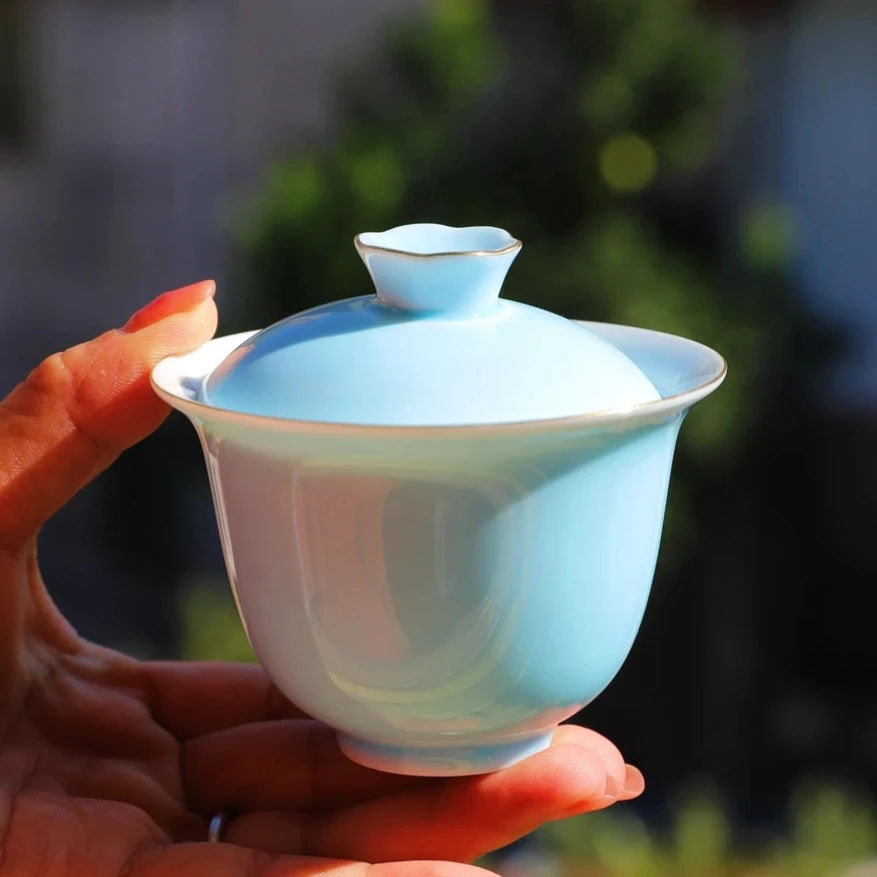 单色釉天青色蓝色盖碗家用茶室办公室泡茶碗主泡器功夫茶器