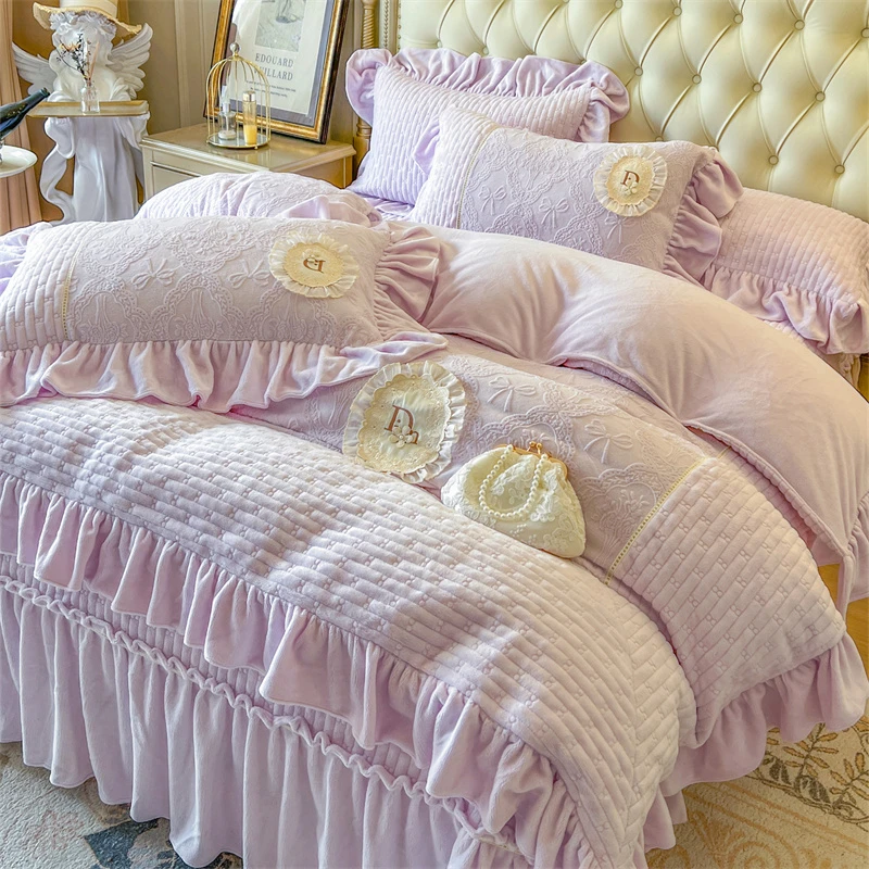 法式刺绣雕花牛奶绒四件套韩版加厚夹棉床单床裙保暖双面绒被套