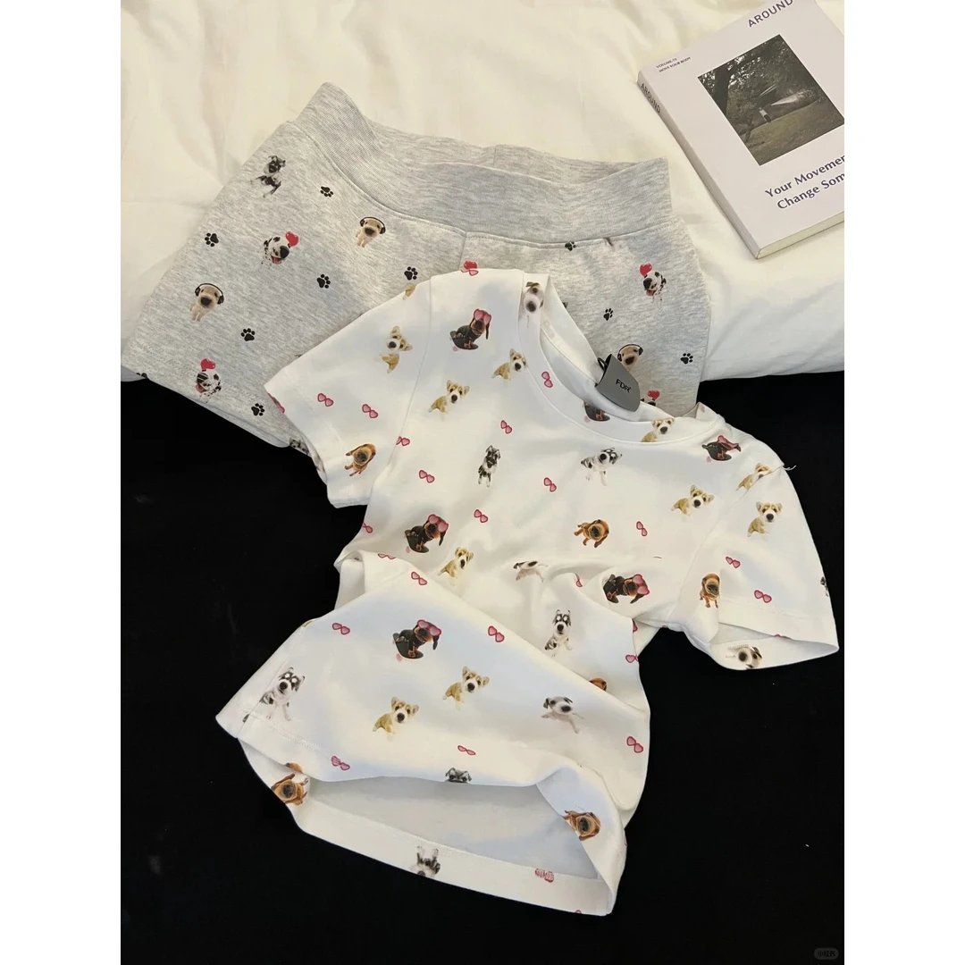 韩系小众小狗印花睡衣居家服一套女夏季小个子休闲短袖短裤两件套