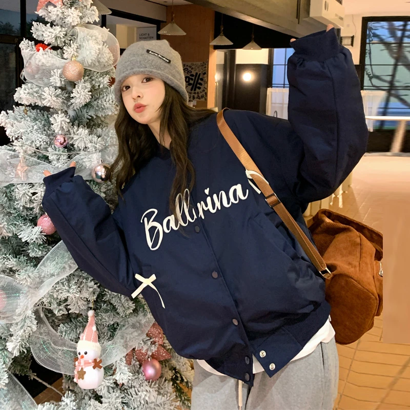 刺绣钉花棒球服女2024冬季新款休闲韩系学院风夹棉加厚棉服外套潮