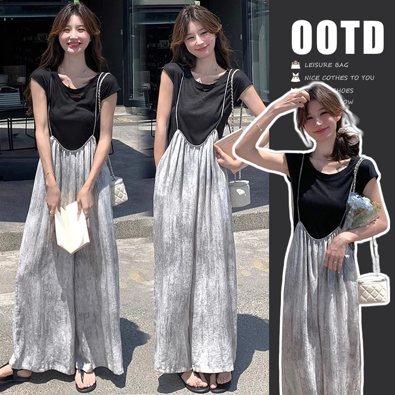 时髦孕妇装新款黑色时尚款短袖上衣搭拉链吊带显瘦阔腿长裤两件套