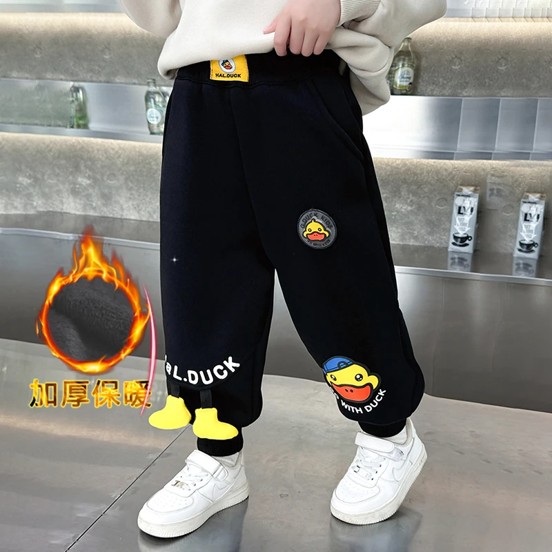 小黄鸭男童加绒裤子2025新款小童宝宝秋冬加厚长裤儿童卫裤一体绒