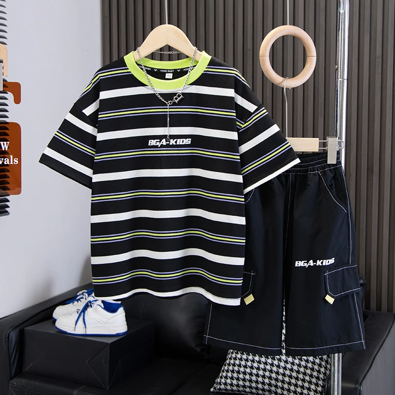 男童夏装套装6-12岁潮牌2025新款中大童夏季儿童条纹宽松短袖韩版