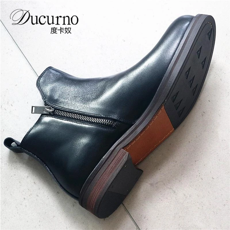 简约复古有型街头！厚实质感拉链上等增高网红男生痞帅牛皮皮靴男