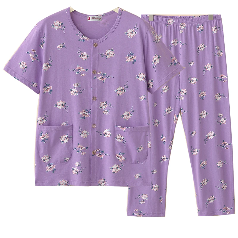 大码妈妈短袖纯棉睡衣套装中老年人宽松印花开衫全棉老太太家居服