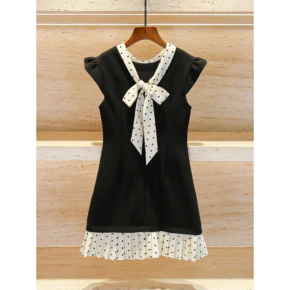 【南油一哥】高端女装2025新款复古拼接撞色蝴蝶结波点百褶连衣裙