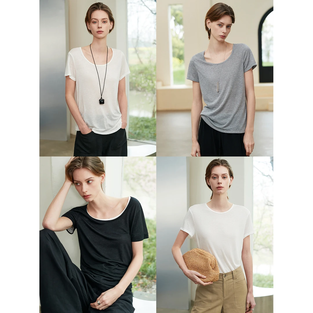 MSBEAST【人手N件“空调T”】清凉微透天丝亚麻圆/大U领百搭短袖T