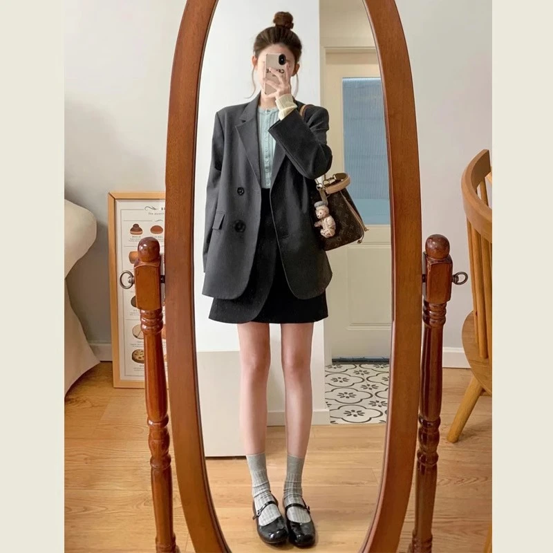 oversize灰色西装外套女2025春秋季新款韩版小个子高级感小西服