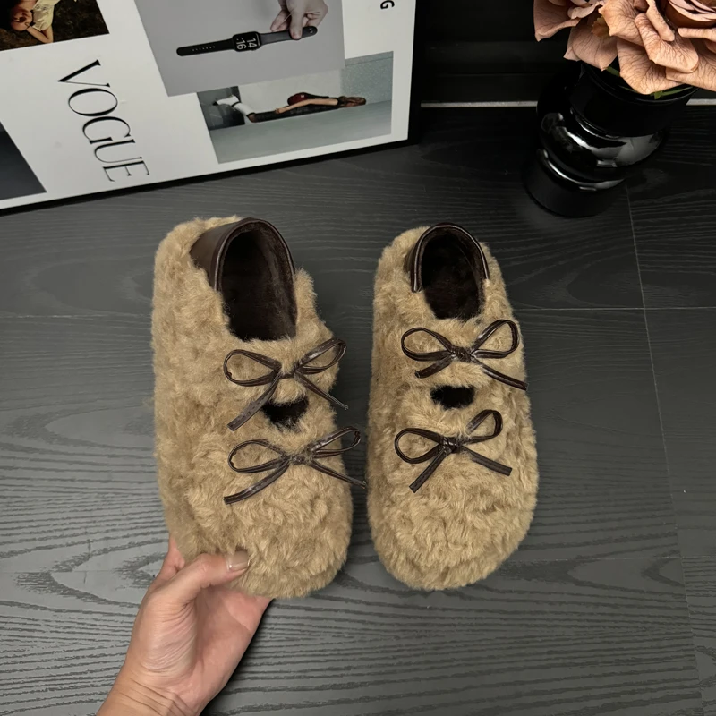 蝴蝶结双带仙女风一脚蹬两穿棉鞋2024年秋冬时尚百搭外穿女毛毛鞋