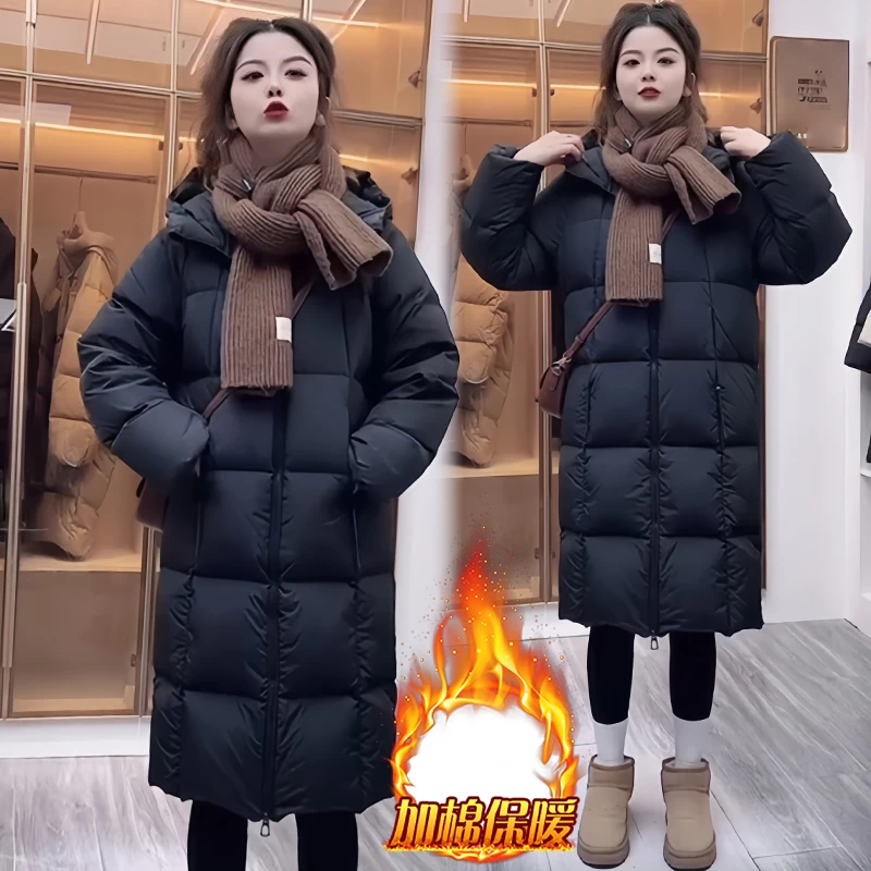 加厚中长款过膝羽绒棉服女2025年冬季新款韩版小个子连帽保暖棉袄