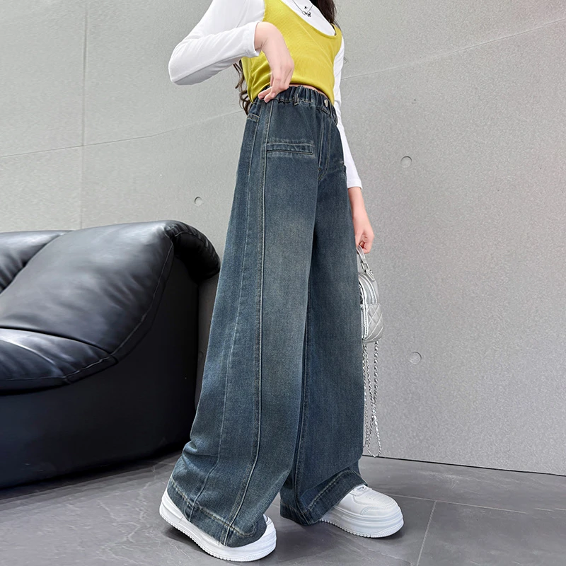 女童春秋款牛仔裤2025新款儿童洋气秋季阔腿裤中大童休闲直筒裤子