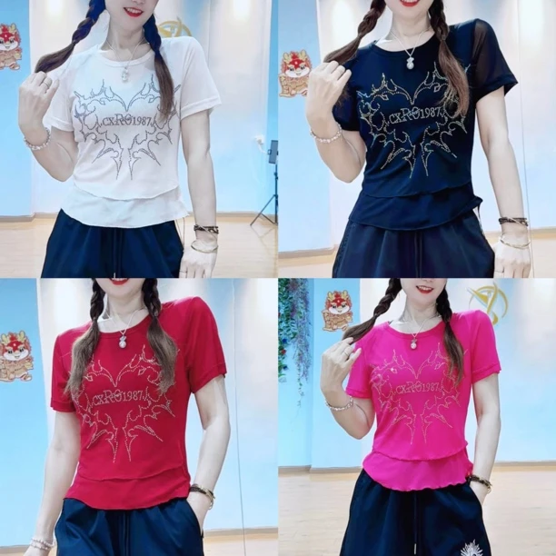 C5017新品夏季弹力网纱烫砖修身透气T恤女士短袖广场舞上衣团服