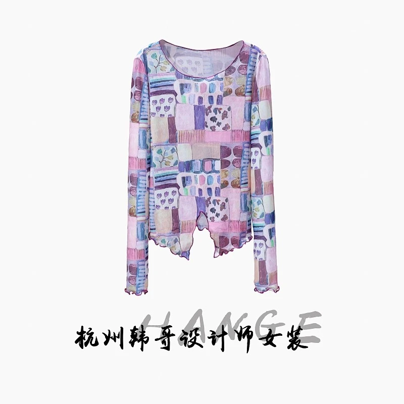 【韩哥女装】欧版小众设计复古印花修身高弹打底上衣8096