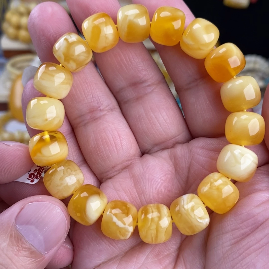 蜜蜡未镶嵌手链金瓷白橘底妖花13mm