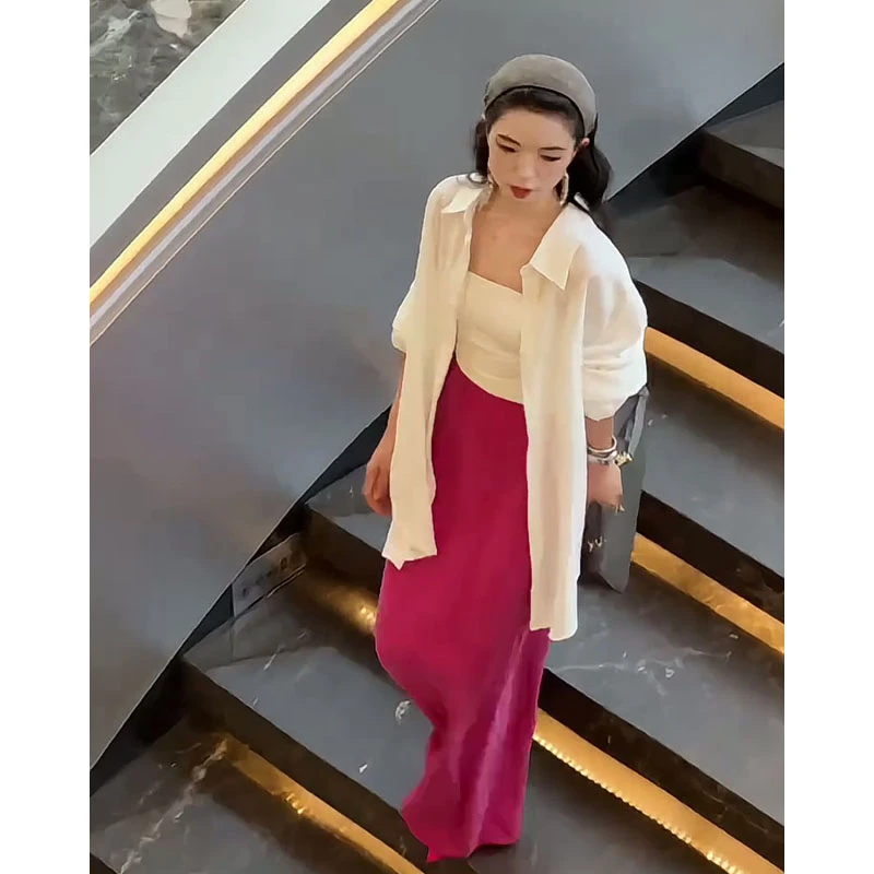 2025早秋新款女韩系穿搭宽松翻领长袖衬衫上衣高腰长款开叉半身裙