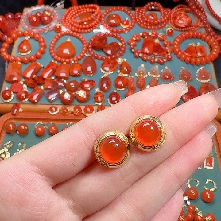 南红玛瑙银S925镶嵌耳饰