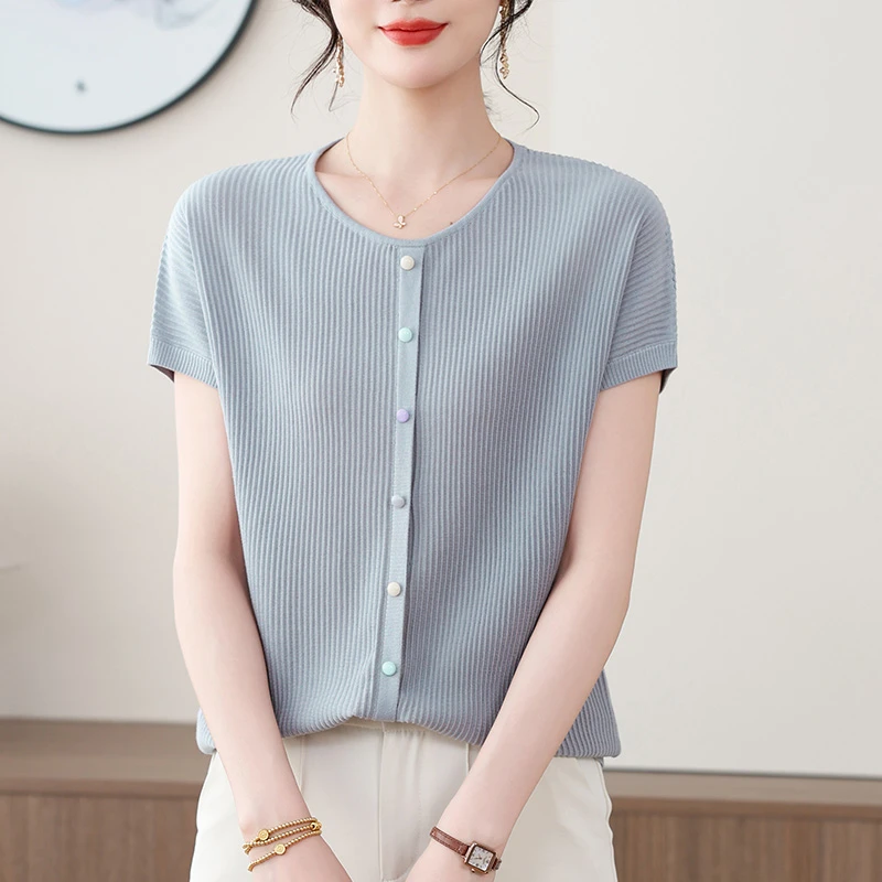 圆领显瘦短袖女t恤夏季女装2025新款天丝针织衫中年妈妈洋气体恤