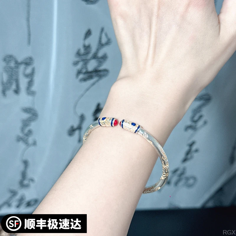 银手镯吉言描金手镯女9999银珐琅彩开口银镯子送女友