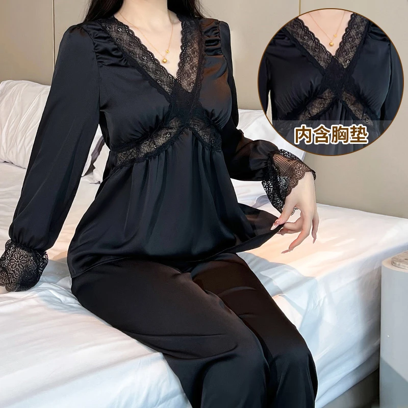 长袖蕾丝睡衣家居服套装时尚薄款家居服大码秋冬网红