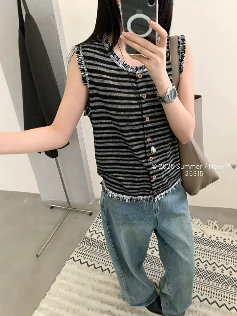 设计感流苏毛边女装条纹圆领针织衫通勤时尚夏季气质百搭上衣女