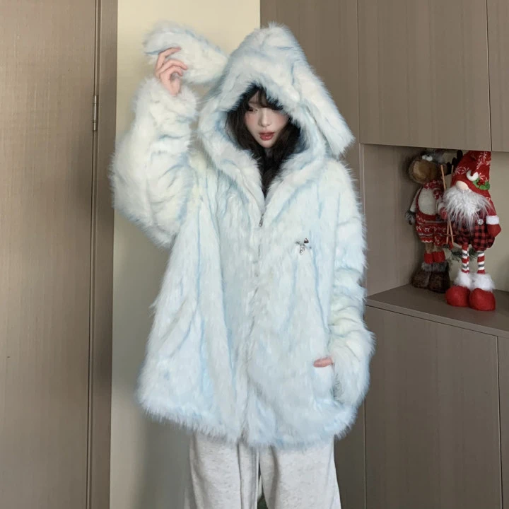 EZEK毛茸兔子棉服厚毛毛外套加绒保暖潮流可爱风学生好物推荐加长